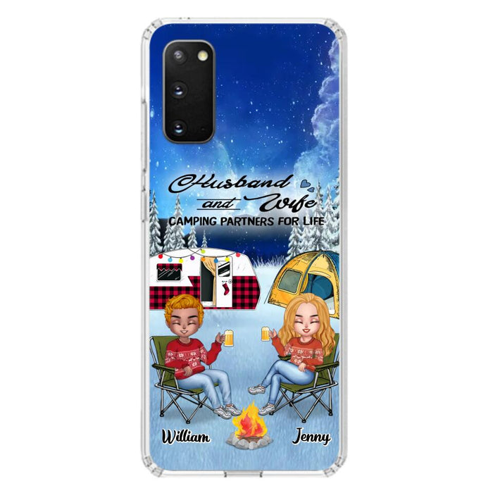 Personalized Camping Couple Xmas Phone Case - Christmas Gift For Couple/Camping Lover/ Dog Lover - Couple With Up to 4 Dogs - Husband And Wife Camping Partners For Life - Case For iPhone And Samsung