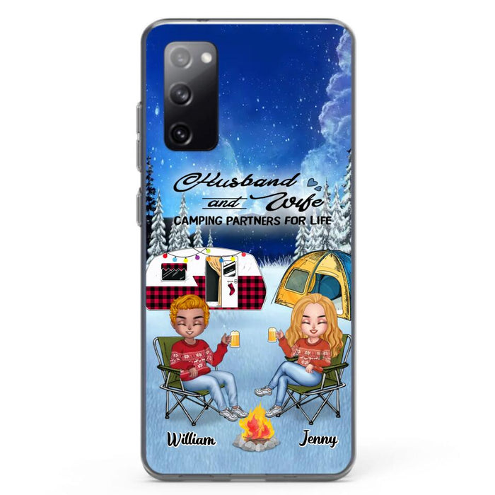 Personalized Camping Couple Xmas Phone Case - Christmas Gift For Couple/Camping Lover/ Dog Lover - Couple With Up to 4 Dogs - Husband And Wife Camping Partners For Life - Case For iPhone And Samsung