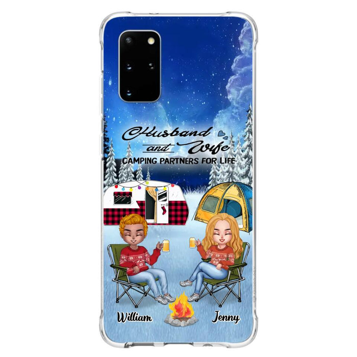 Personalized Camping Couple Xmas Phone Case - Christmas Gift For Couple/Camping Lover/ Dog Lover - Couple With Up to 4 Dogs - Husband And Wife Camping Partners For Life - Case For iPhone And Samsung