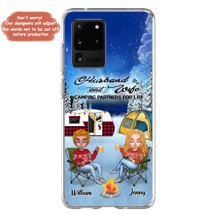 Personalized Camping Couple Xmas Phone Case - Christmas Gift For Couple/Camping Lover/ Dog Lover - Couple With Up to 4 Dogs - Husband And Wife Camping Partners For Life - Case For iPhone And Samsung