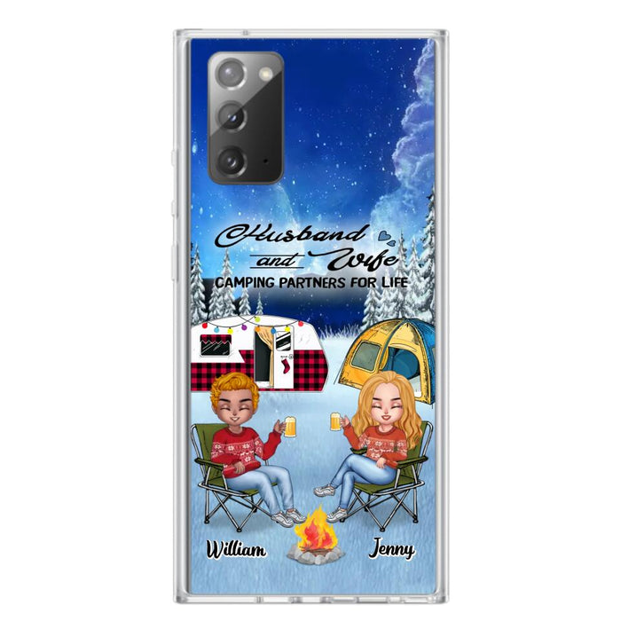 Personalized Camping Couple Xmas Phone Case - Christmas Gift For Couple/Camping Lover/ Dog Lover - Couple With Up to 4 Dogs - Husband And Wife Camping Partners For Life - Case For iPhone And Samsung