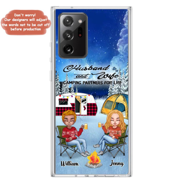 Personalized Camping Couple Xmas Phone Case - Christmas Gift For Couple/Camping Lover/ Dog Lover - Couple With Up to 4 Dogs - Husband And Wife Camping Partners For Life - Case For iPhone And Samsung