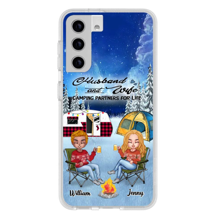 Personalized Camping Couple Xmas Phone Case - Christmas Gift For Couple/Camping Lover/ Dog Lover - Couple With Up to 4 Dogs - Husband And Wife Camping Partners For Life - Case For iPhone And Samsung