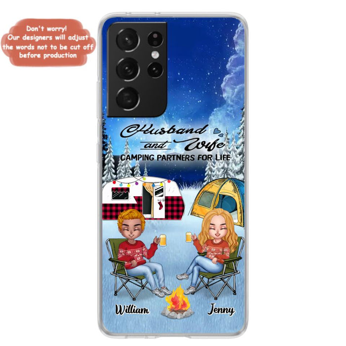 Personalized Camping Couple Xmas Phone Case - Christmas Gift For Couple/Camping Lover/ Dog Lover - Couple With Up to 4 Dogs - Husband And Wife Camping Partners For Life - Case For iPhone And Samsung