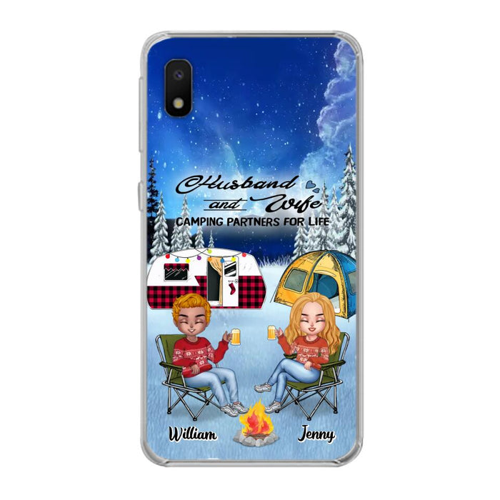 Personalized Camping Couple Xmas Phone Case - Christmas Gift For Couple/Camping Lover/ Dog Lover - Couple With Up to 4 Dogs - Husband And Wife Camping Partners For Life - Case For iPhone And Samsung