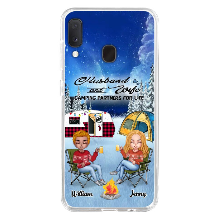 Personalized Camping Couple Xmas Phone Case - Christmas Gift For Couple/Camping Lover/ Dog Lover - Couple With Up to 4 Dogs - Husband And Wife Camping Partners For Life - Case For iPhone And Samsung