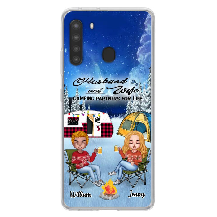 Personalized Camping Couple Xmas Phone Case - Christmas Gift For Couple/Camping Lover/ Dog Lover - Couple With Up to 4 Dogs - Husband And Wife Camping Partners For Life - Case For iPhone And Samsung