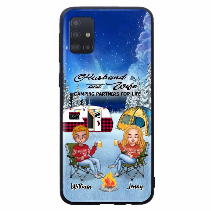 Personalized Camping Couple Xmas Phone Case - Christmas Gift For Couple/Camping Lover/ Dog Lover - Couple With Up to 4 Dogs - Husband And Wife Camping Partners For Life - Case For iPhone And Samsung