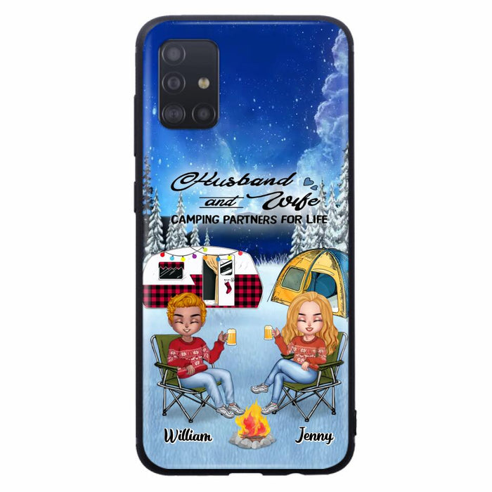 Personalized Camping Couple Xmas Phone Case - Christmas Gift For Couple/Camping Lover/ Dog Lover - Couple With Up to 4 Dogs - Husband And Wife Camping Partners For Life - Case For iPhone And Samsung