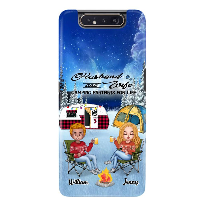 Personalized Camping Couple Xmas Phone Case - Christmas Gift For Couple/Camping Lover/ Dog Lover - Couple With Up to 4 Dogs - Husband And Wife Camping Partners For Life - Case For iPhone And Samsung
