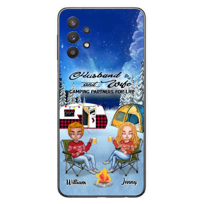 Personalized Camping Couple Xmas Phone Case - Christmas Gift For Couple/Camping Lover/ Dog Lover - Couple With Up to 4 Dogs - Husband And Wife Camping Partners For Life - Case For iPhone And Samsung