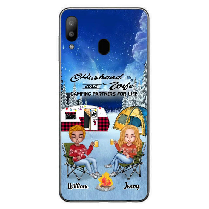 Personalized Camping Couple Xmas Phone Case - Christmas Gift For Couple/Camping Lover/ Dog Lover - Couple With Up to 4 Dogs - Husband And Wife Camping Partners For Life - Case For iPhone And Samsung