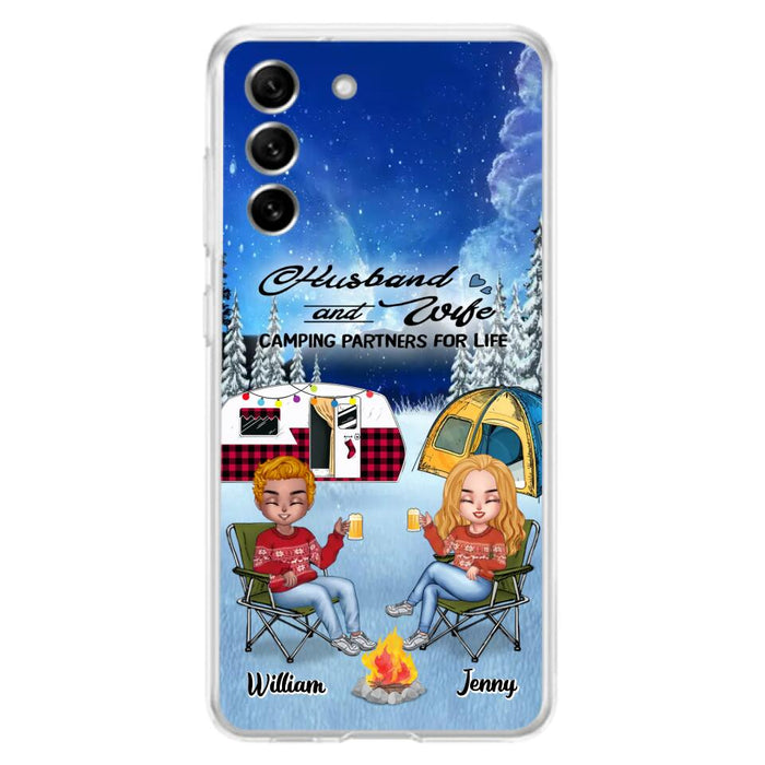 Personalized Camping Couple Xmas Phone Case - Christmas Gift For Couple/Camping Lover/ Dog Lover - Couple With Up to 4 Dogs - Husband And Wife Camping Partners For Life - Case For iPhone And Samsung