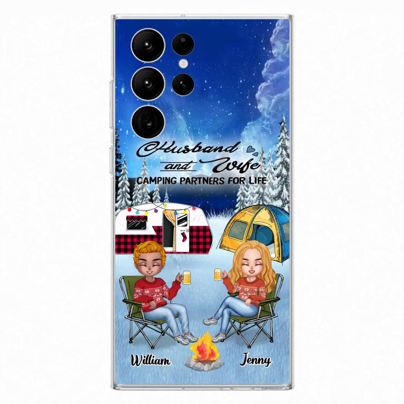 Personalized Camping Couple Xmas Phone Case - Christmas Gift For Couple/Camping Lover/ Dog Lover - Couple With Up to 4 Dogs - Husband And Wife Camping Partners For Life - Case For iPhone And Samsung