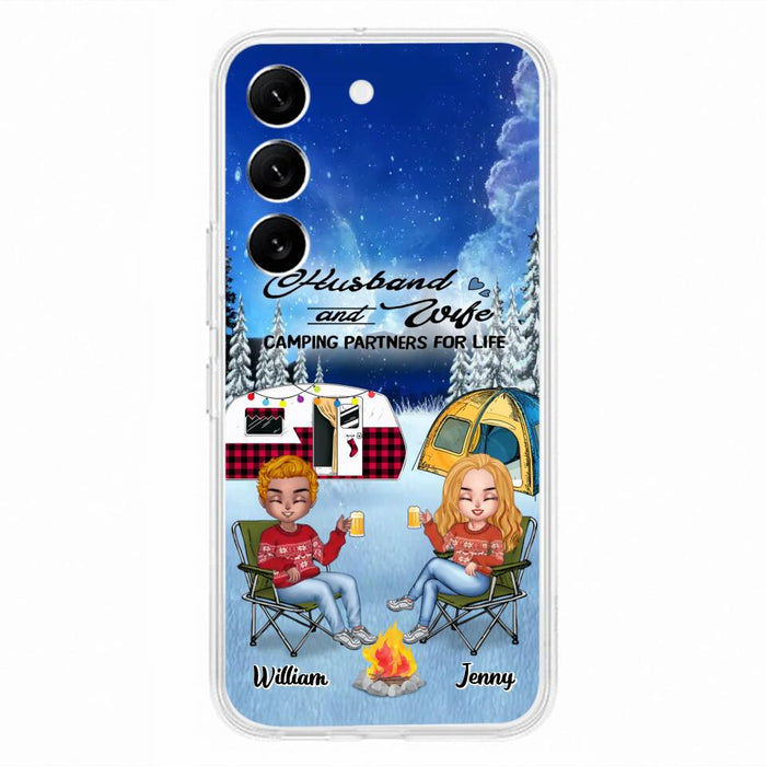 Personalized Camping Couple Xmas Phone Case - Christmas Gift For Couple/Camping Lover/ Dog Lover - Couple With Up to 4 Dogs - Husband And Wife Camping Partners For Life - Case For iPhone And Samsung