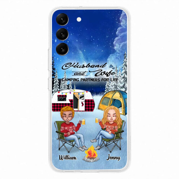 Personalized Camping Couple Xmas Phone Case - Christmas Gift For Couple/Camping Lover/ Dog Lover - Couple With Up to 4 Dogs - Husband And Wife Camping Partners For Life - Case For iPhone And Samsung