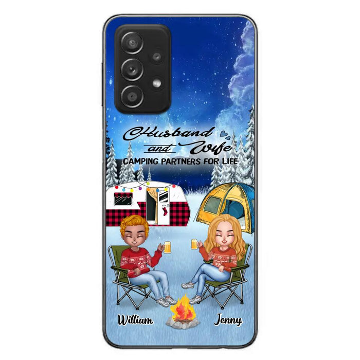 Personalized Camping Couple Xmas Phone Case - Christmas Gift For Couple/Camping Lover/ Dog Lover - Couple With Up to 4 Dogs - Husband And Wife Camping Partners For Life - Case For iPhone And Samsung