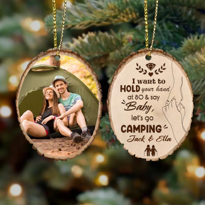 Personalized Camping Couple Photo Wooden Ornament 2 Sides - Christmas/Birthday/Anniversary Gift Idea for Couple - Baby Let's Go Camping