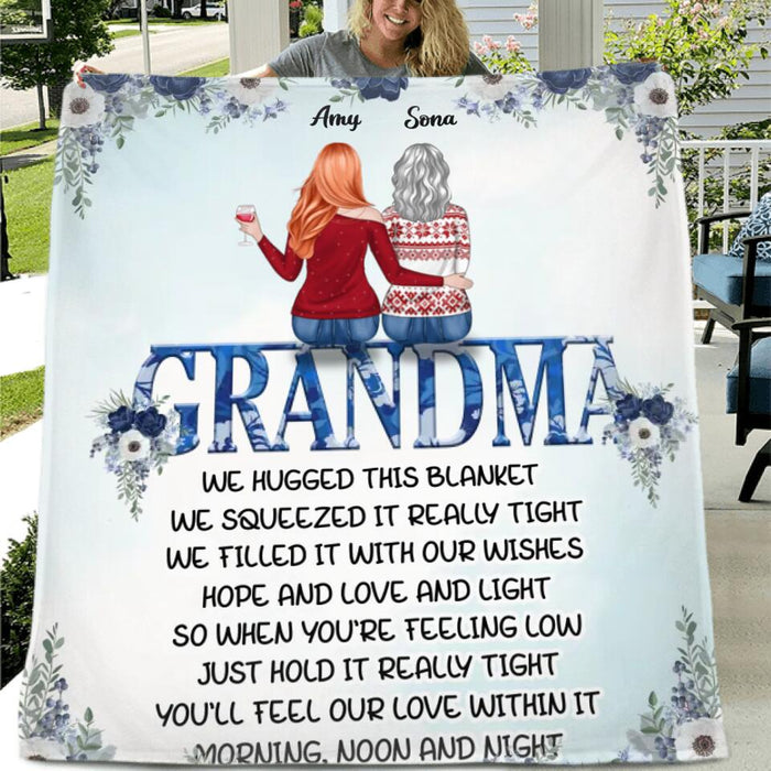 Personalized Grandma & Granddaughters Fleece Throw Blanket/Quilt - Gift Idea For Grandma From Granddaughter - Up To 5 Members - We Hugged This Blanket, We Squeezed It Really Tight