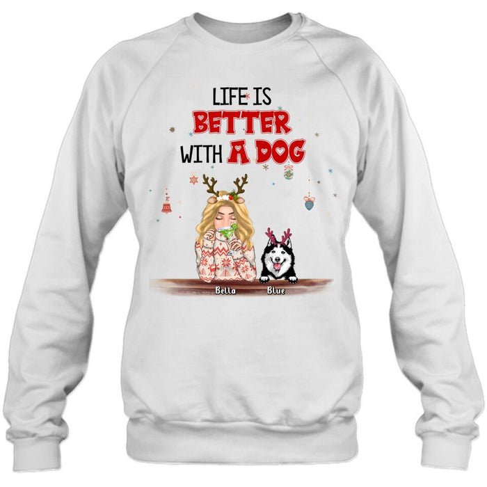 Personalized Christmas Dog Mom T-shirt/Long Sleeve/Sweatshirt/Hoodie - Up to 5 Dogs - Christmas Gift Idea For Dog Mom/Dog Lover - Life Is Better With Dogs