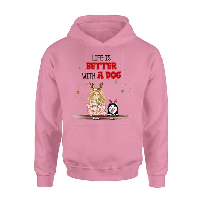 Personalized Christmas Dog Mom T-shirt/Long Sleeve/Sweatshirt/Hoodie - Up to 5 Dogs - Christmas Gift Idea For Dog Mom/Dog Lover - Life Is Better With Dogs