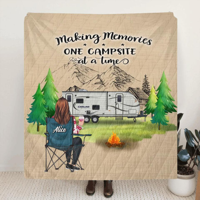 Personalized Camping Quilt/Fleece Blanket/Pillow Cover - Parents with Up to 2 Kids, 3 Pets - Gift Idea For Family/Couple/Camping Lovers - Making Memories One Campsite At A Time