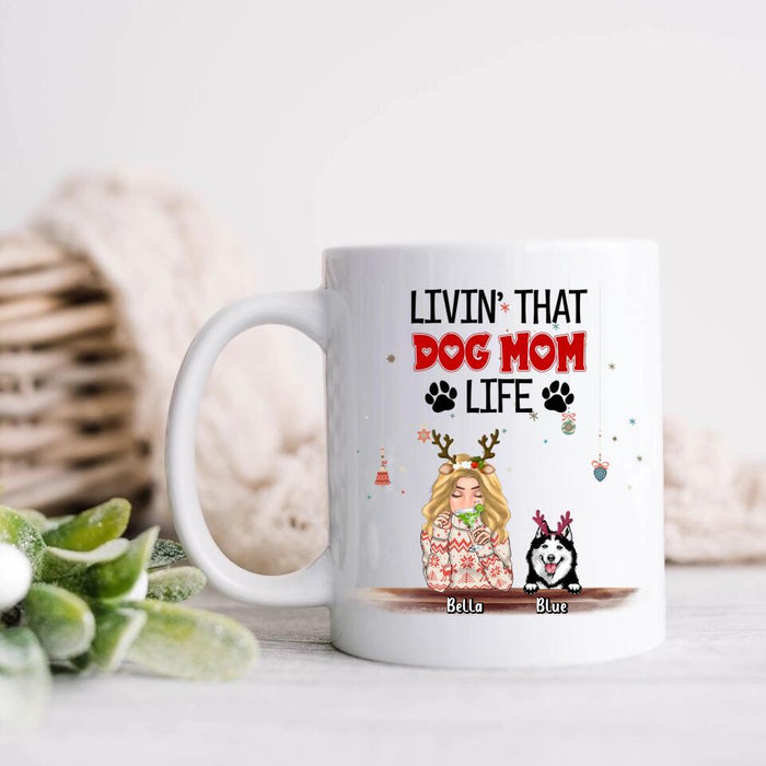 Personalized Christmas Dog Mom Coffee Mug - Up to 5 Dogs - Christmas Gift Idea For Dog Mom/Dog Lover - Livin' That Dog Mom Life