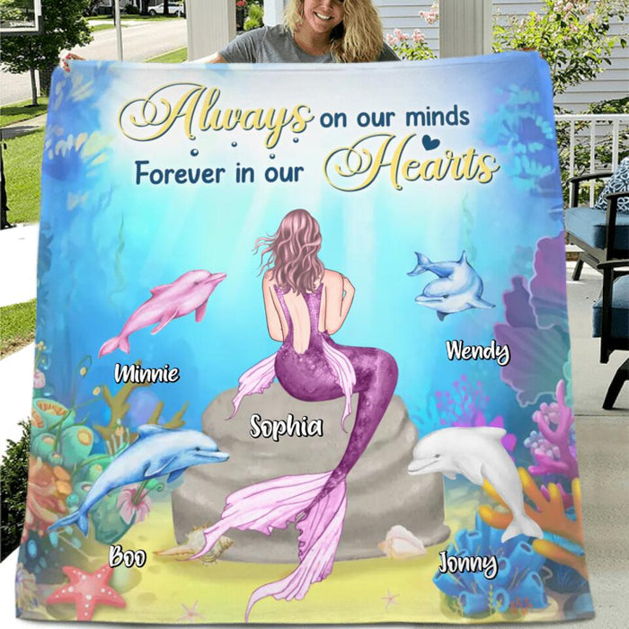 Personalized Mermaid Quilt/Fleece Blanket - Up to 4 Dolphins - Gift Idea For Family - Always On Our Minds Forever In Our Hearts