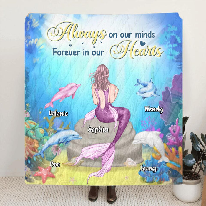 Personalized Mermaid Quilt/Fleece Blanket - Up to 4 Dolphins - Gift Idea For Family - Always On Our Minds Forever In Our Hearts