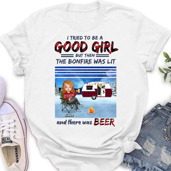 Personalized Xmas Camping Girl Shirt/Hoodie - Christmas Gift For Camping Lover - Girl With Up to 4 Dogs - I Tried To Be A Good Girl