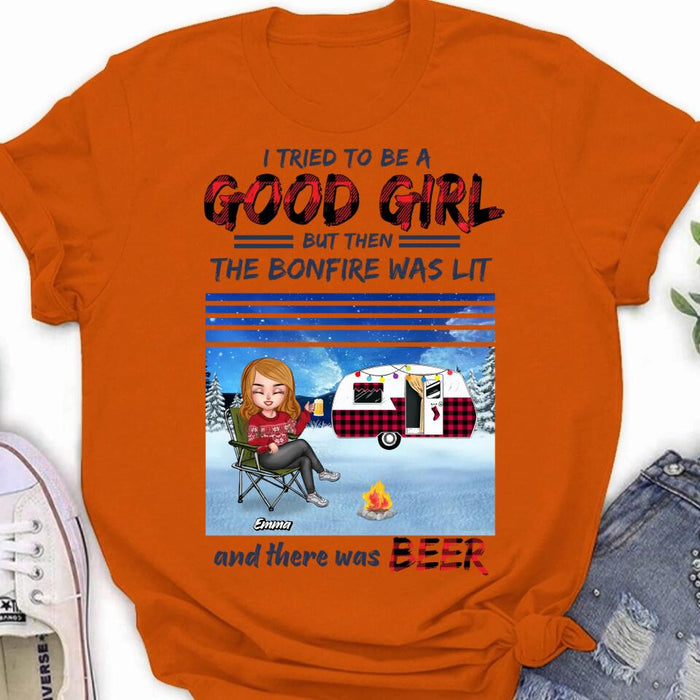 Personalized Xmas Camping Girl Shirt/Hoodie - Christmas Gift For Camping Lover - Girl With Up to 4 Dogs - I Tried To Be A Good Girl