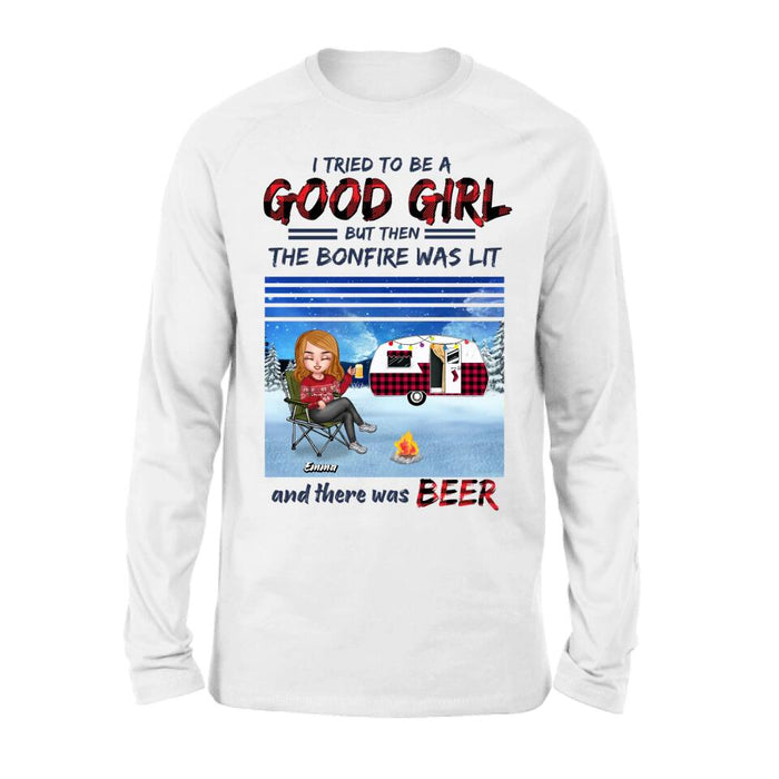 Personalized Xmas Camping Girl Shirt/Hoodie - Christmas Gift For Camping Lover - Girl With Up to 4 Dogs - I Tried To Be A Good Girl