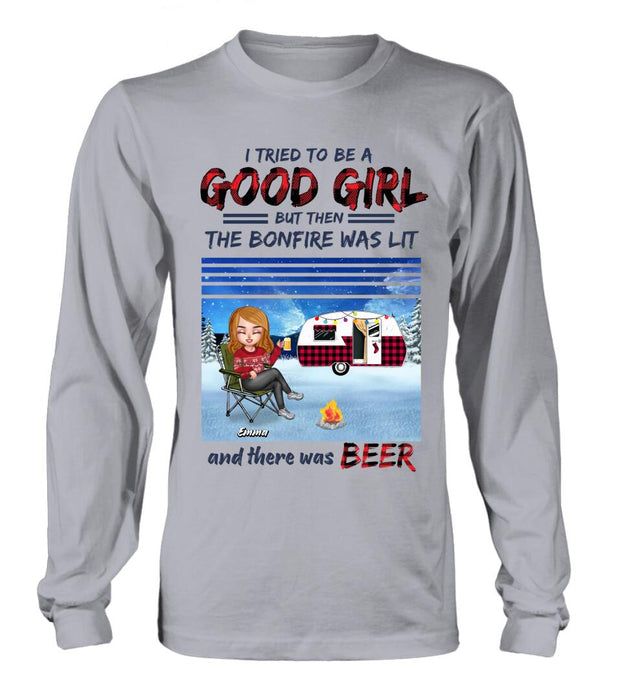 Personalized Xmas Camping Girl Shirt/Hoodie - Christmas Gift For Camping Lover - Girl With Up to 4 Dogs - I Tried To Be A Good Girl
