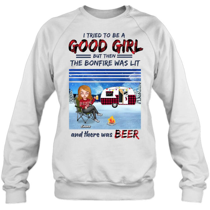 Personalized Xmas Camping Girl Shirt/Hoodie - Christmas Gift For Camping Lover - Girl With Up to 4 Dogs - I Tried To Be A Good Girl