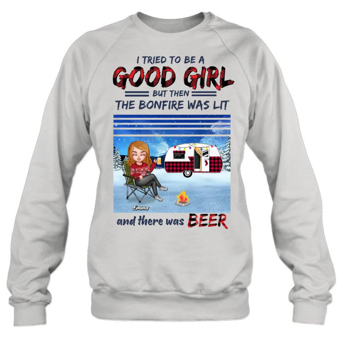 Personalized Xmas Camping Girl Shirt/Hoodie - Christmas Gift For Camping Lover - Girl With Up to 4 Dogs - I Tried To Be A Good Girl