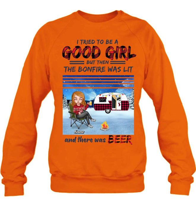 Personalized Xmas Camping Girl Shirt/Hoodie - Christmas Gift For Camping Lover - Girl With Up to 4 Dogs - I Tried To Be A Good Girl