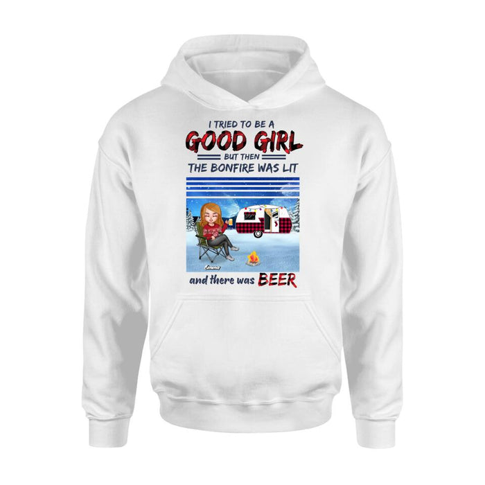 Personalized Xmas Camping Girl Shirt/Hoodie - Christmas Gift For Camping Lover - Girl With Up to 4 Dogs - I Tried To Be A Good Girl