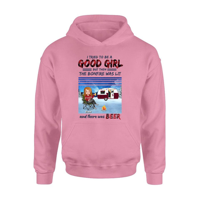 Personalized Xmas Camping Girl Shirt/Hoodie - Christmas Gift For Camping Lover - Girl With Up to 4 Dogs - I Tried To Be A Good Girl