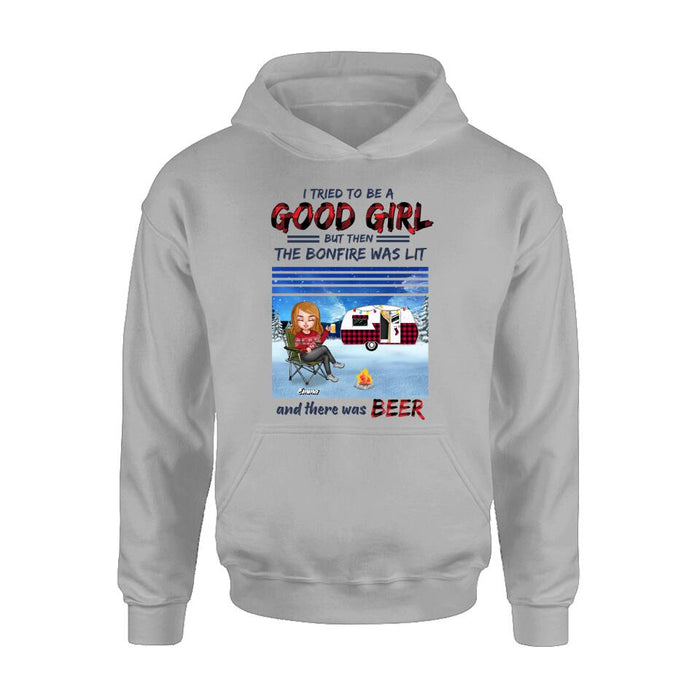 Personalized Xmas Camping Girl Shirt/Hoodie - Christmas Gift For Camping Lover - Girl With Up to 4 Dogs - I Tried To Be A Good Girl