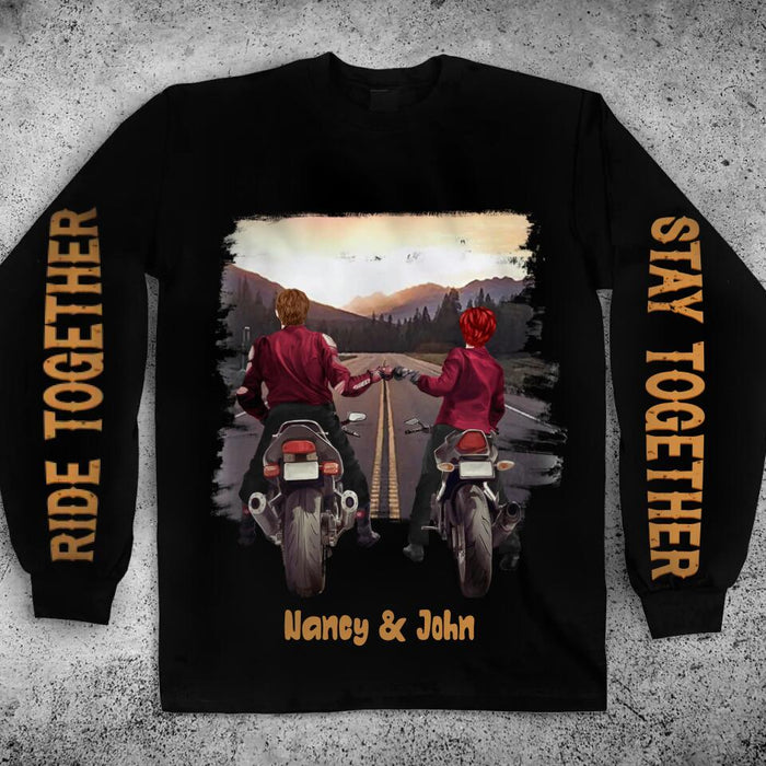 Personalized Biker Couple Long Sleeve Shirt - Gift Idea For Couple/Bikers - Ride Together Stay Together