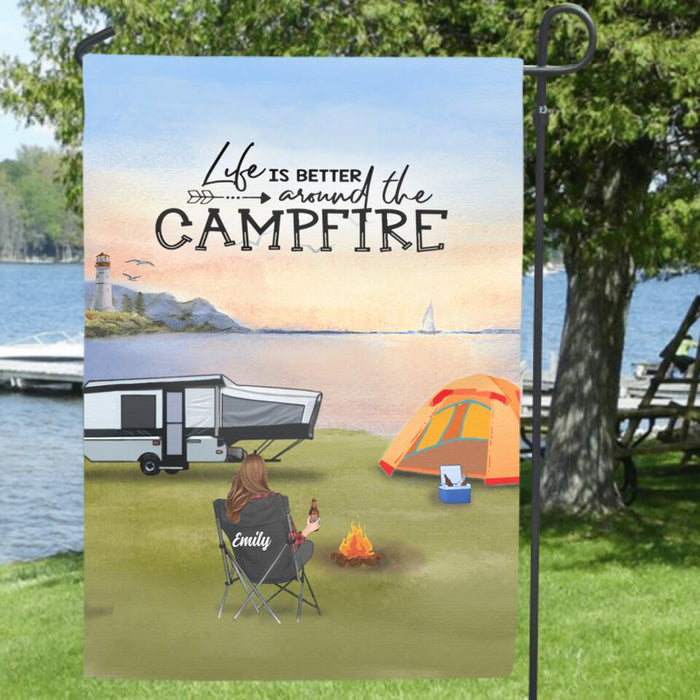 Personalized Camping Flag Sign/Garden Flag - Best Gift For Camping Family/Couple/Single Parent/Solo - Full Option - Up to 4 Kids and 3 Pets - Life Is Better Around The Campfire
