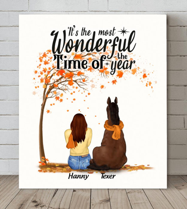 Personalized Horse Mom In Autumn Canvas - Girl With Up to 3 Horses - Gift For Horse Lover - The Most Wonderful Time Of The Year