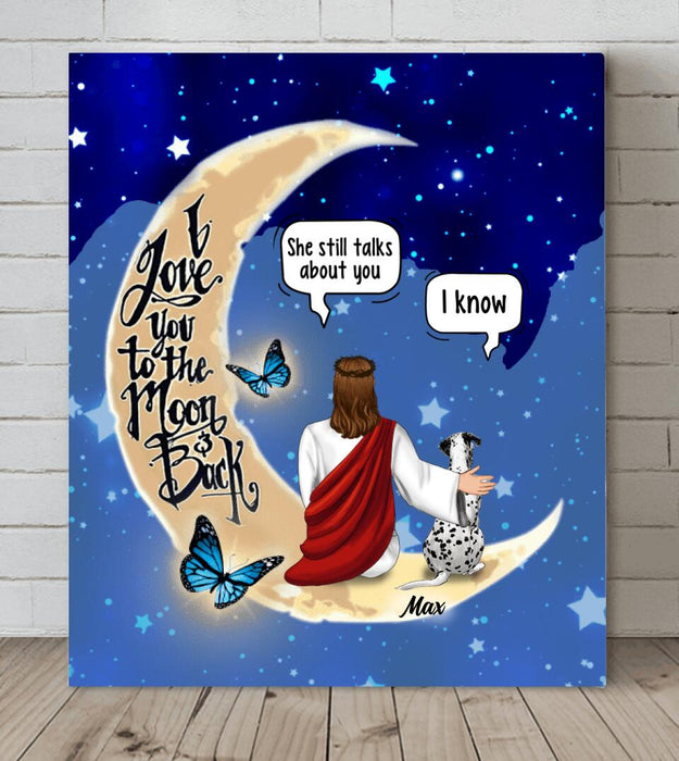 Personalized Memorial God & Dog/Cat Sitting On Moon Canvas - Up to 5 Pets - Memorial Gift For Dog/Cat Lover