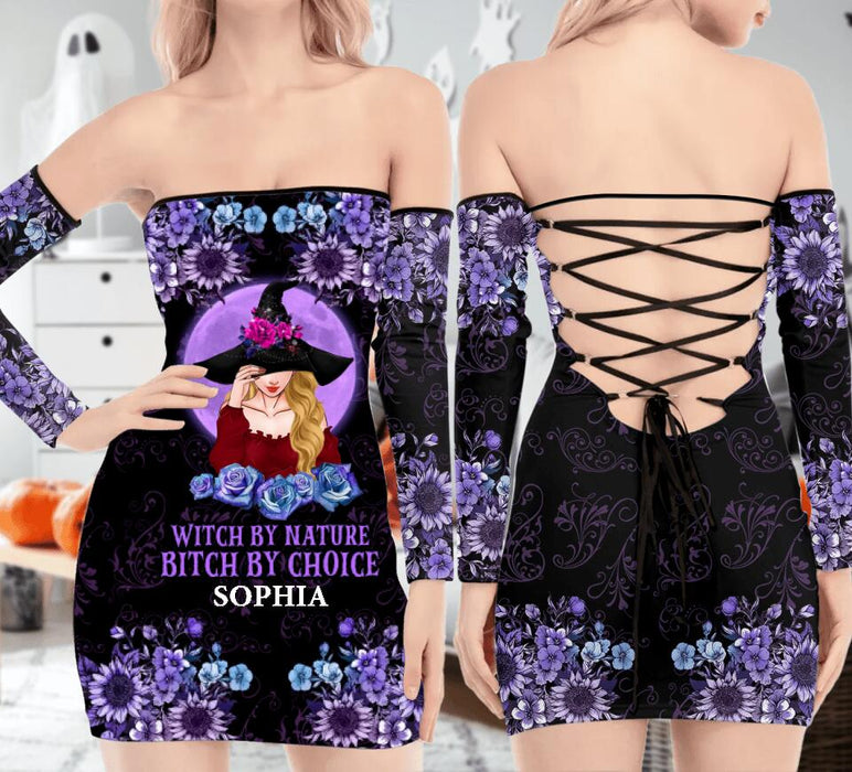 Personalized Witch Off-shoulder Back Lace-up Dress - Halloween Gift Idea For Friends - Witch By Nature Bitch By Choice