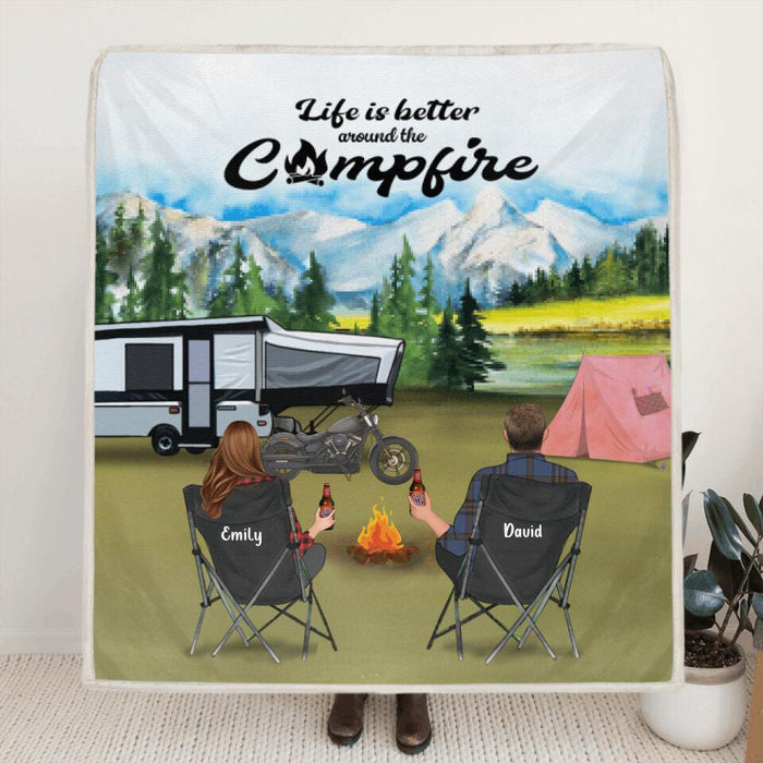 Personalized Camping Blanket - Parents with Up To 5 Kids & 4 Pets - Gift Idea For The Whole Family - Life is better around the campfire