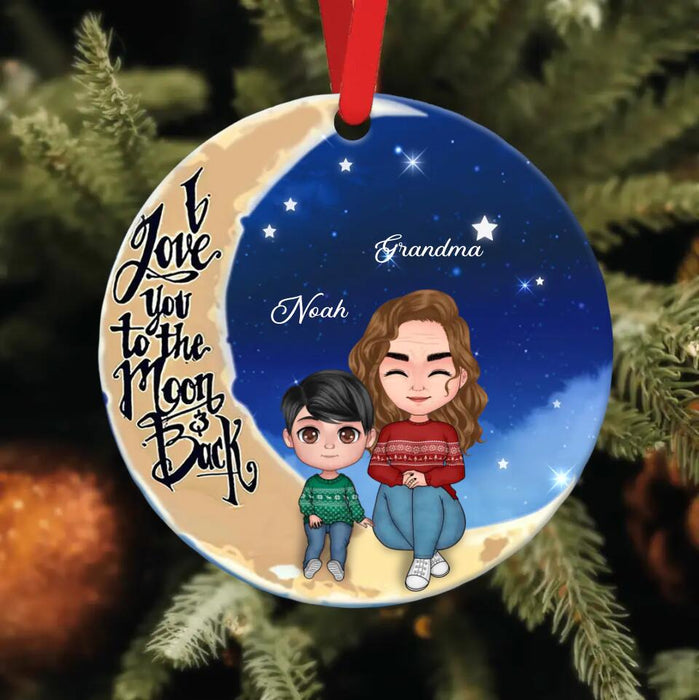 Personalized Grandma & Grandchild Sitting On Moon Circle Wooden Ornament - Christmas Gift For Grandma & Kid - I Love You To The Moon & Back