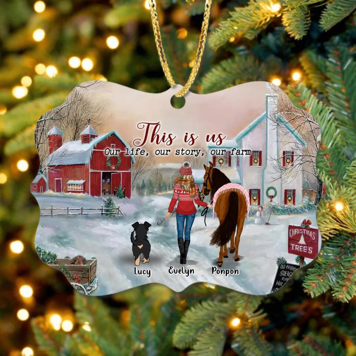 Personalized Girl On The Farm Rectangle Wooden Ornament - Gift Idea For Girl/Farming Lovers/Horse/Dog Lovers - Up To 4 Dogs - This Is Us, Our Life, Our Story, Our Farm