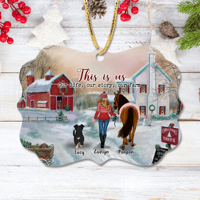 Personalized Girl On The Farm Rectangle Wooden Ornament - Gift Idea For Girl/Farming Lovers/Horse/Dog Lovers - Up To 4 Dogs - This Is Us, Our Life, Our Story, Our Farm