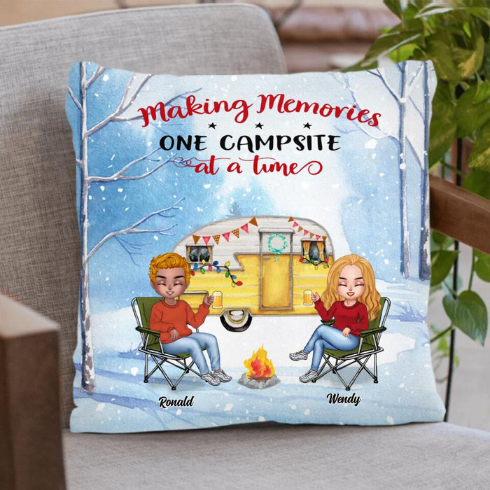 Personalized Christmas Winter Camping Pillow Cover/Fleece/Quilt Blanket - Christmas Gift For Camping Lover - Up to 4 People And 4 Pets - Making Memories One Campsite At A Time