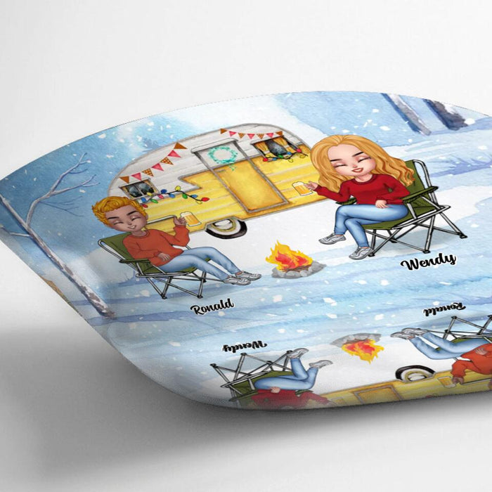 Personalized Christmas Winter Camping Pillow Cover/Fleece/Quilt Blanket - Christmas Gift For Camping Lover - Up to 4 People And 4 Pets - Making Memories One Campsite At A Time